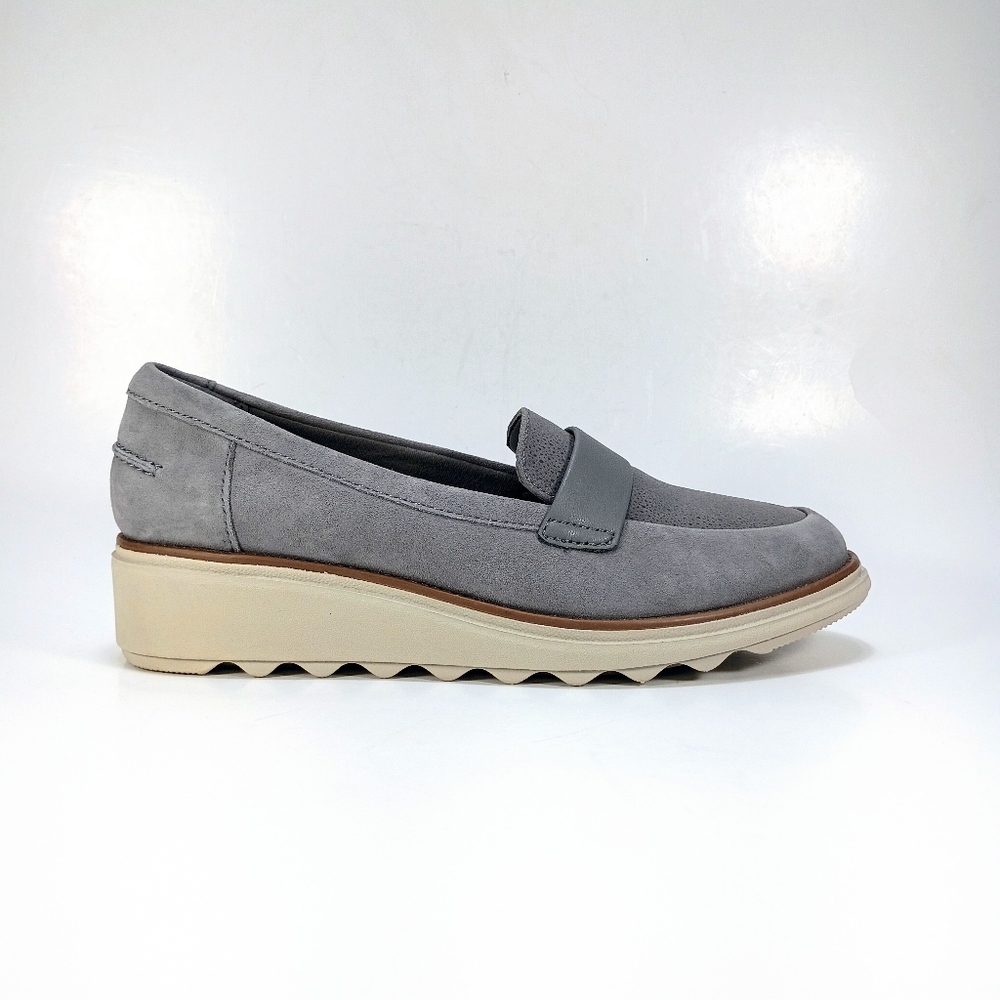 Clarks Sharon Gracie Womens 7.5. Gray Suede And Fabric Wedge Heel Slip On Shoes